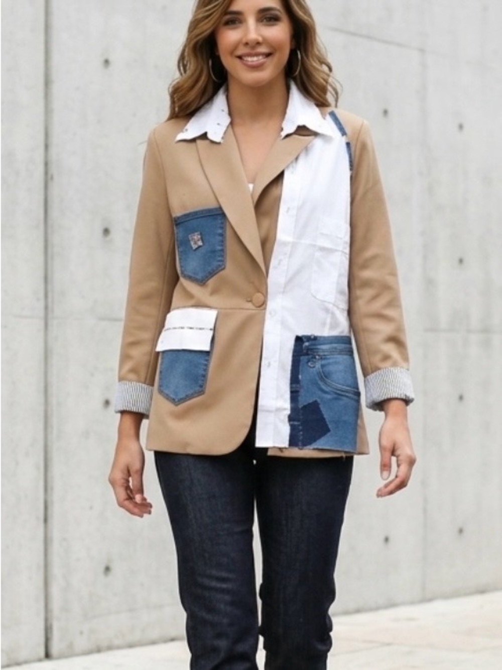 Upcycled blazer and button down shirt mix with Denim size M